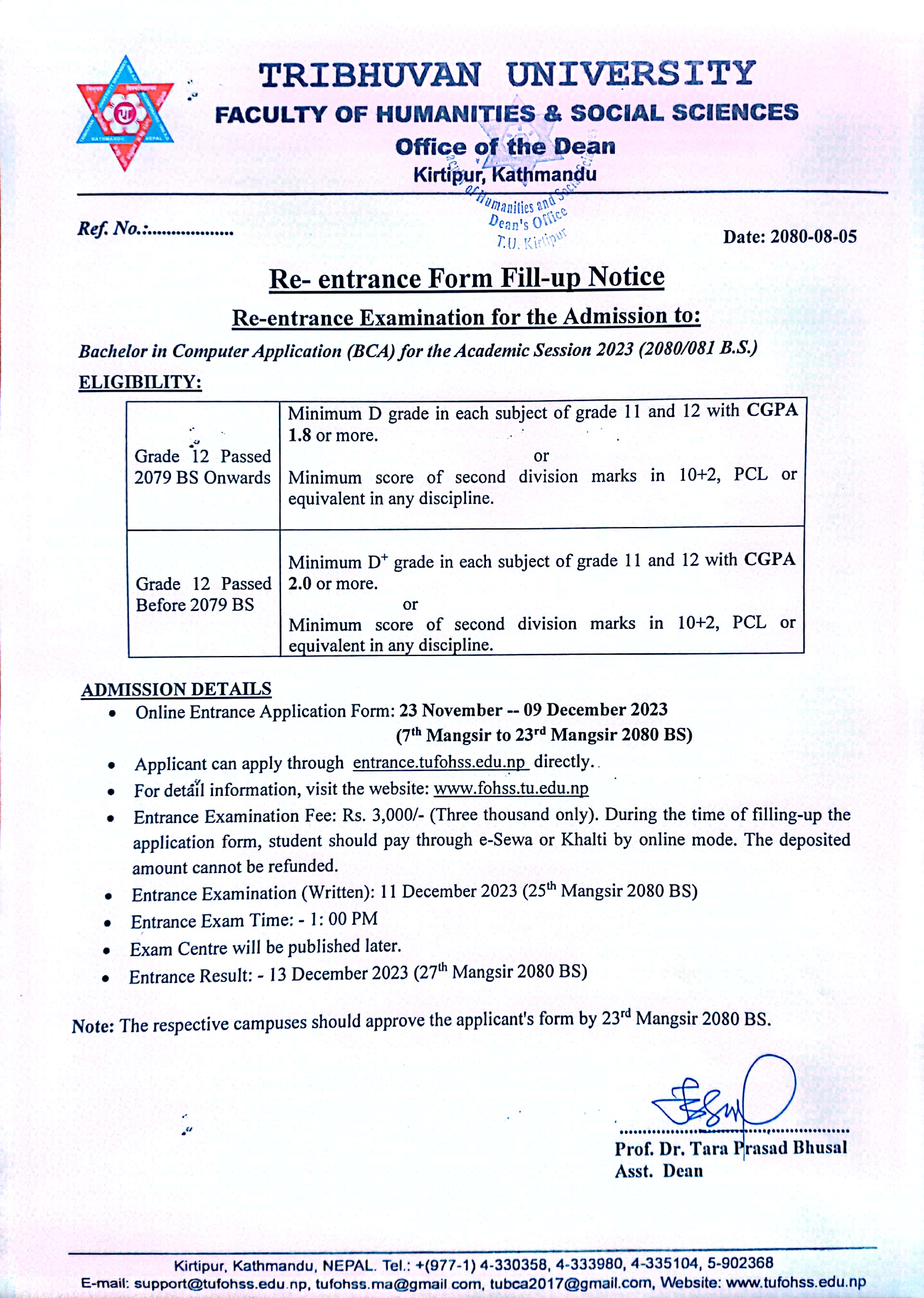 BCA Re-entrance form fill up notice for 2023 Batch