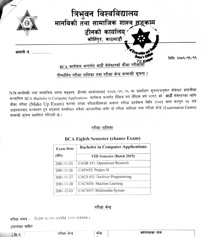 BCA revised exam schedule of eighth semester chance exam notice of TU