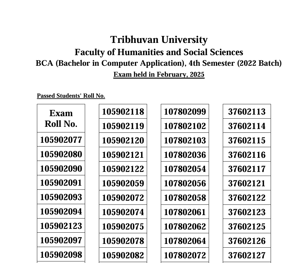 BCA fourth semester of 2022 batch exam result of Feb exam published by TU