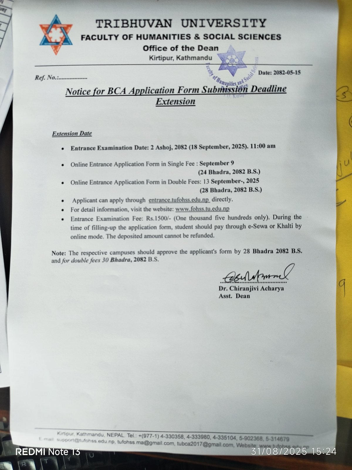 Tribhuvan University publish notice of BCA entrance application form submission extension notice