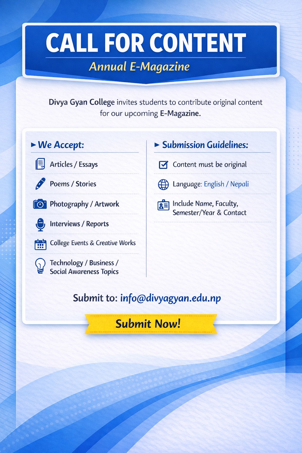 Invitation to Contribute: College e‑Magazine