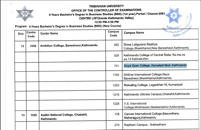 BBS 1st Year Partial/Chance Exam Centre List 2081 – Kathmandu Valley